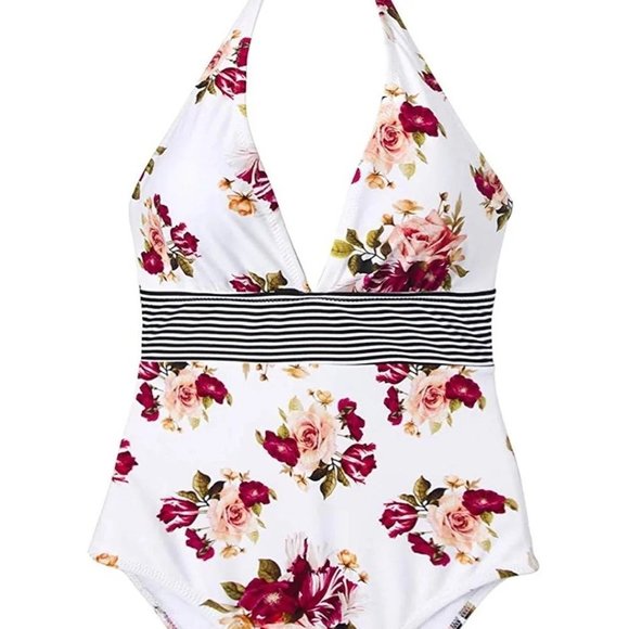 Women's One Piece Swimsuit Halter Tie Back Floral Print Beachwear - Picture 2 of 7